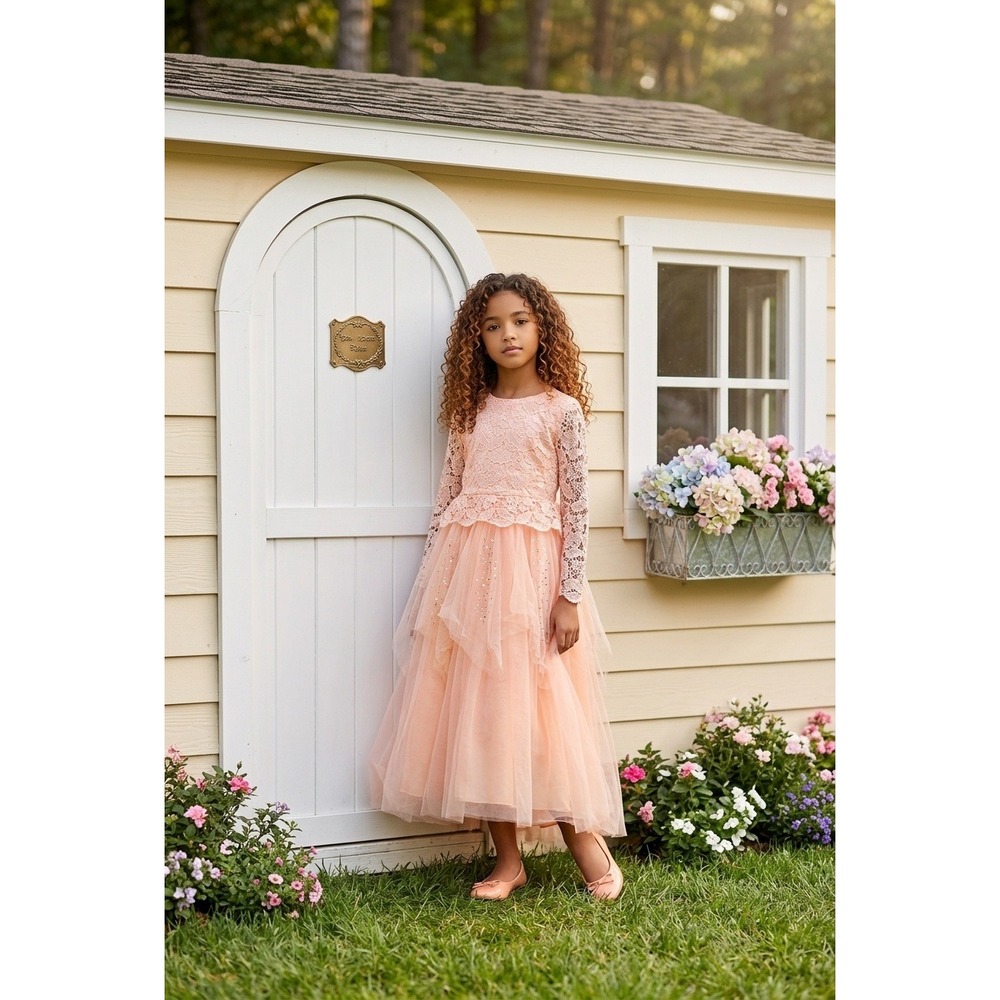 Ibtom Castle Girls Peach Pink Lace‎ Tulle Sequin Flower Girl Pageant Dress 130